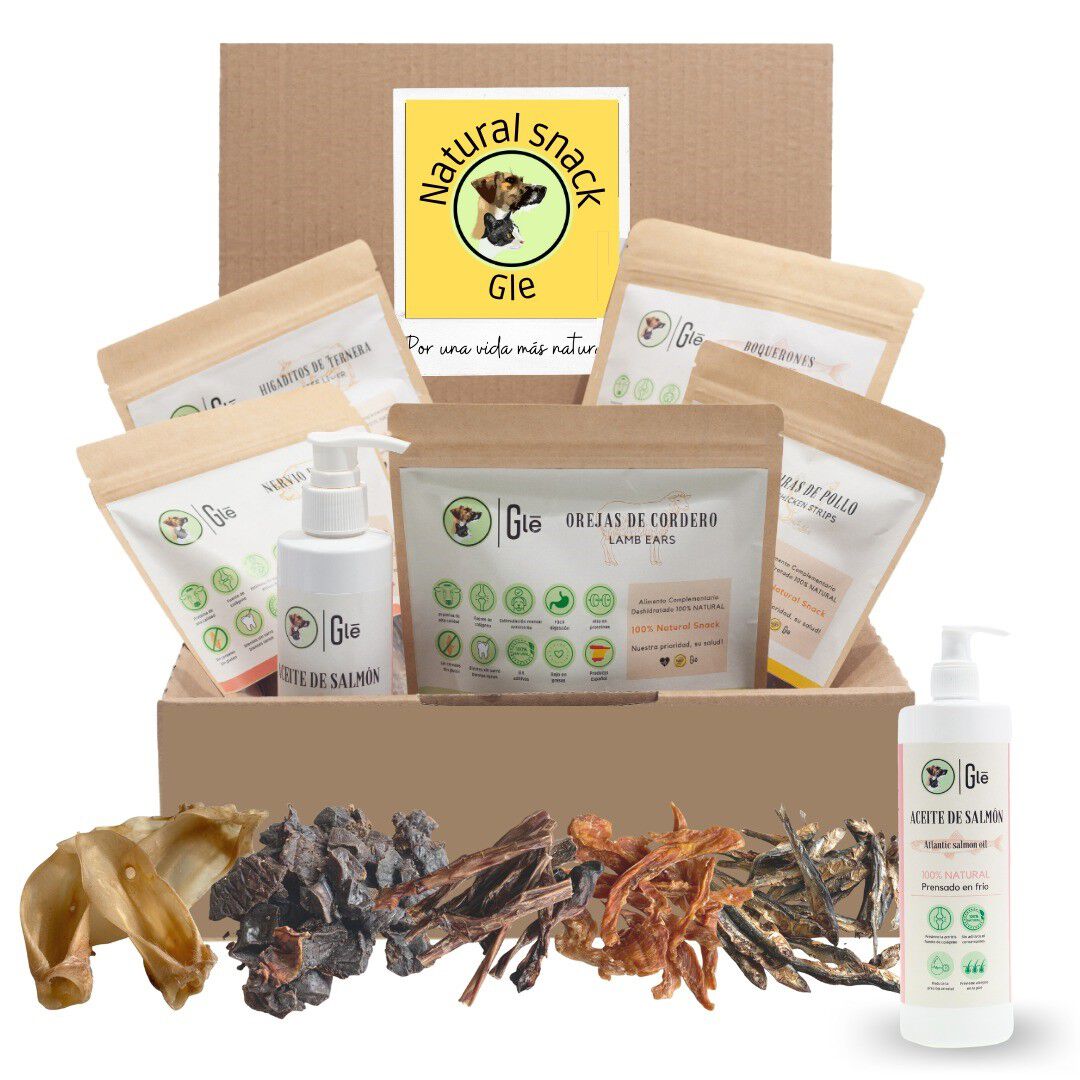 GLE PETS CAJA DE SNACKS NATURALES, REGALOS PARA PERROS, PREMIOS SALUDABLES, 5 BOSLAS VARIADAS + ACEITE DE SALM&Oacute;N PARA PERROS (250 ml) CAJA AMARILLA, , large Imagen numero 1